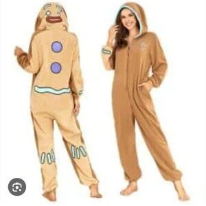 Adult Unisex Gingerbread Button Up Onesie - size Small BNWOT